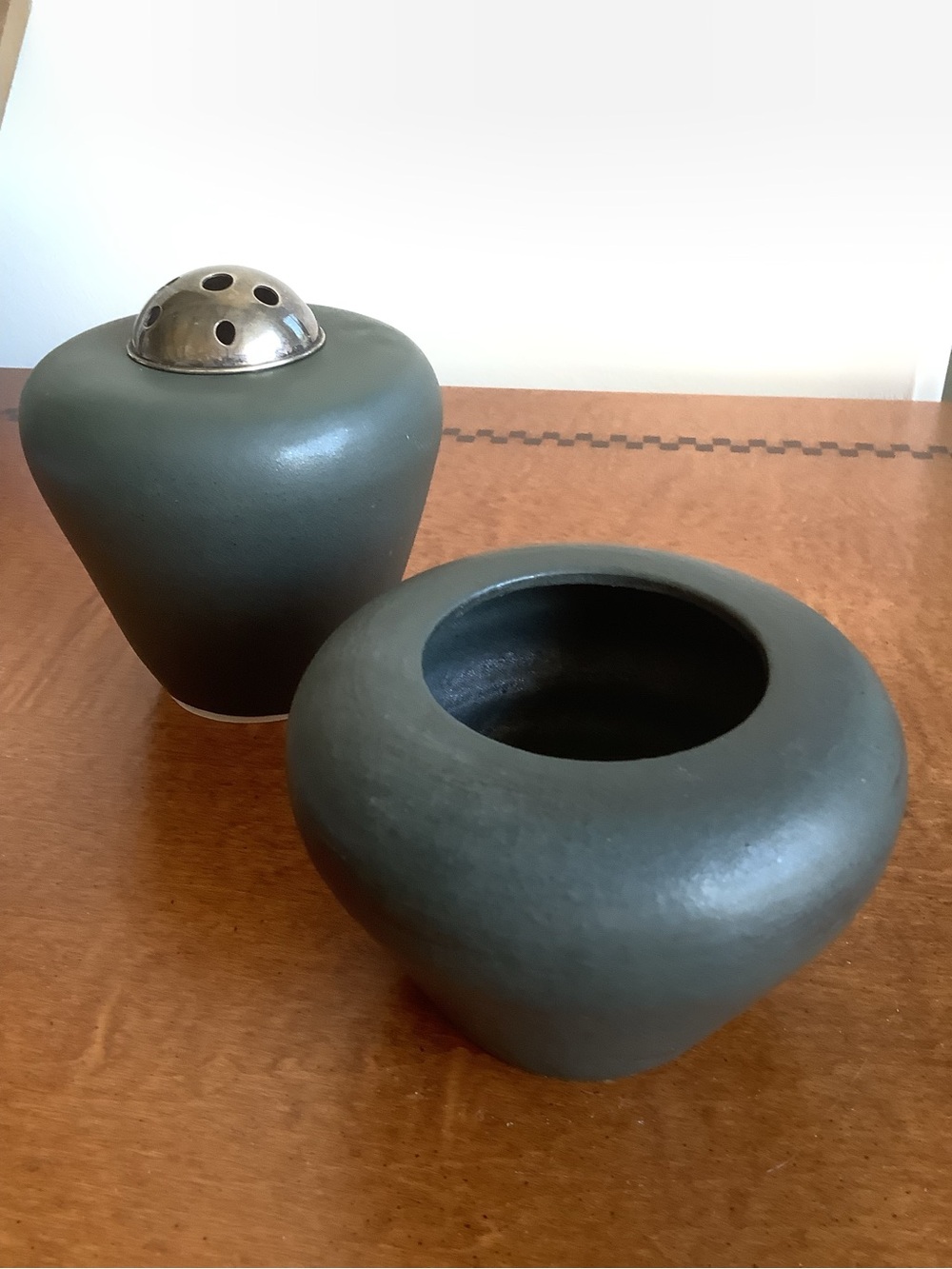 Two Matte Charcoal Gray Pottery Vases